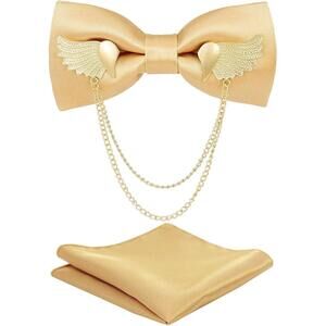 3568 Solid Bow Tie Metal Golden Wing Bowties Hanky Set Tuxedo Banquet Neck
